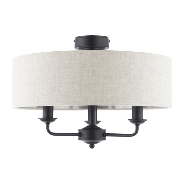 (image for) Laura Ashley Sorrento 3 Light Semi-Flush Matt Black With Natural Shade